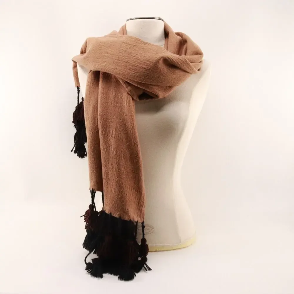 Vintage Paul Martin Worsted Wool Scarf Brown Black Double Layered Tassel Fringe